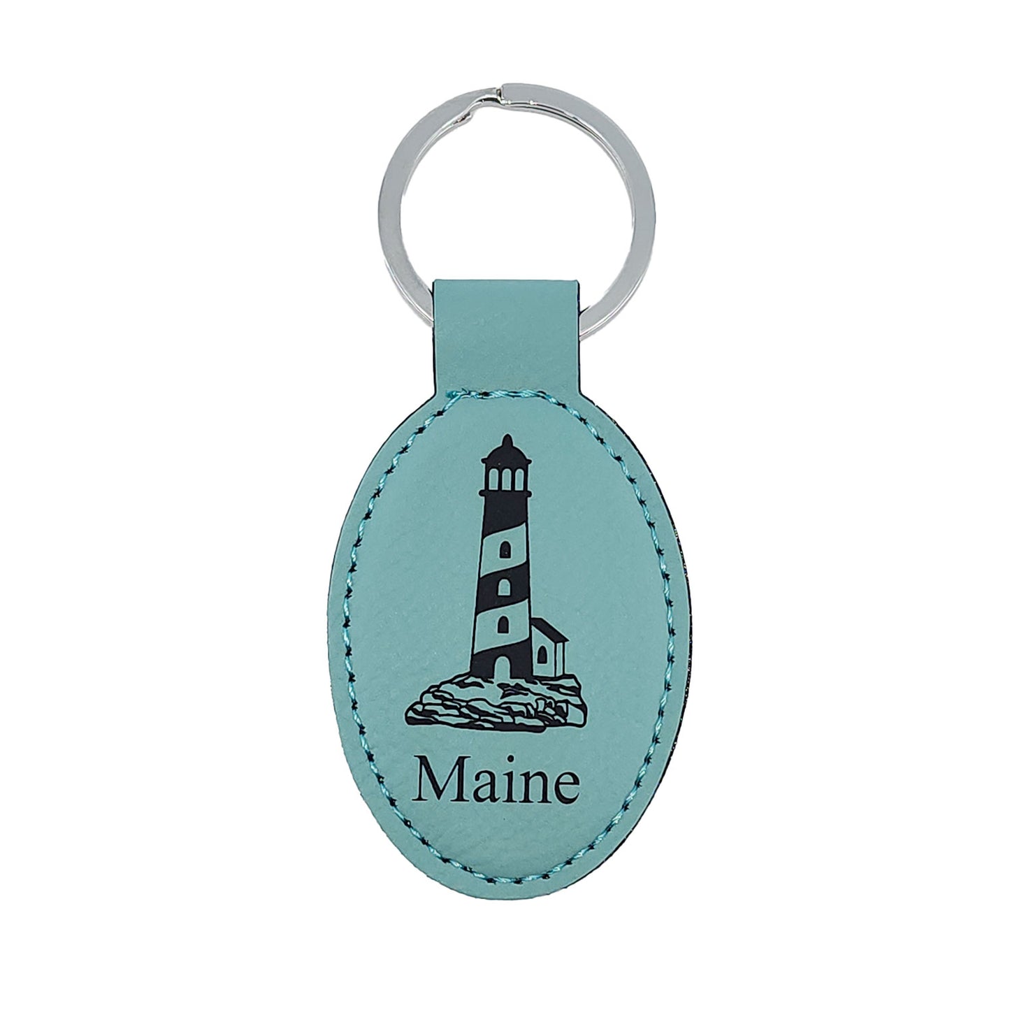 Leather Keychain / Maine Lighthouse / Teal