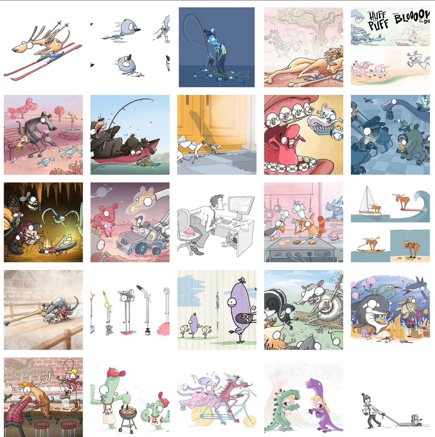 Animated illustrations of moose, lobsters and deer