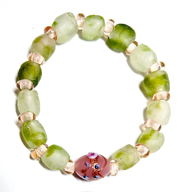 2568.   $21  green recycled glass w/pink Lampwork