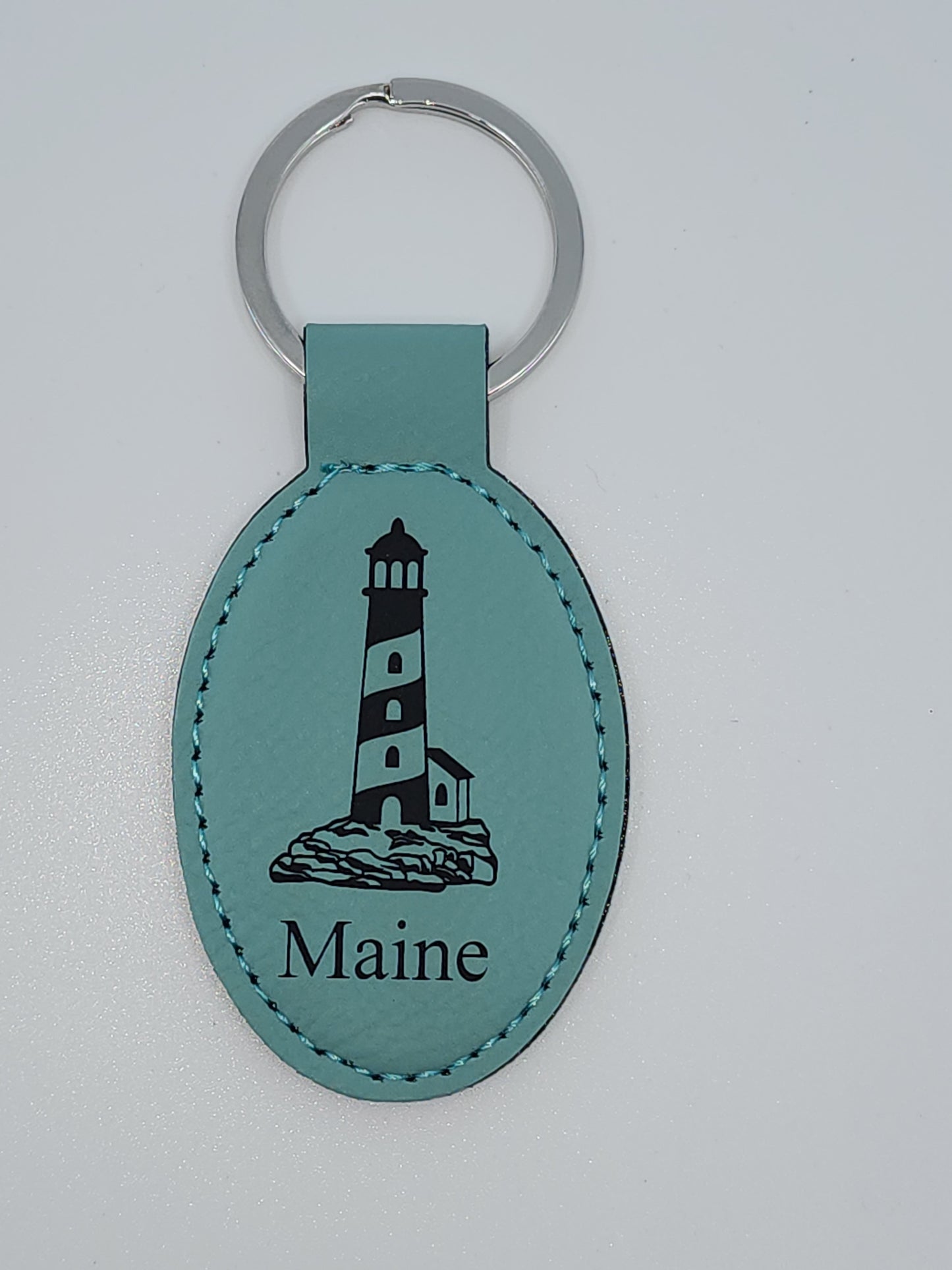 Maine Lighthouse Keychain - Teal Leather